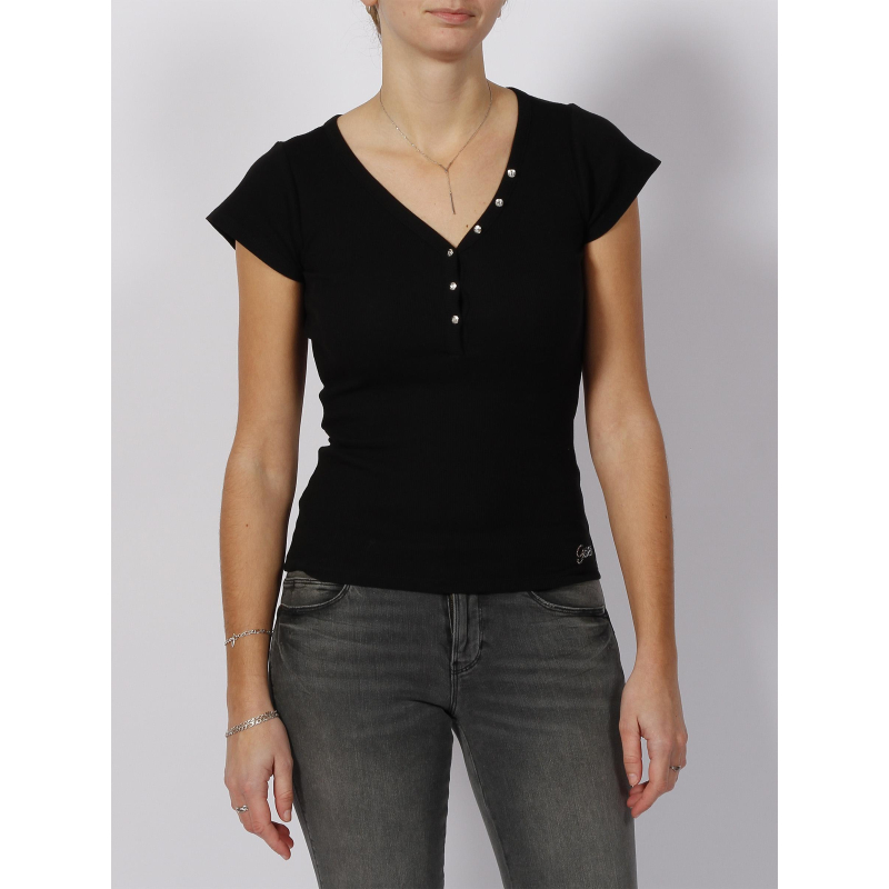 T-shirt henley strass noir femme - Guess