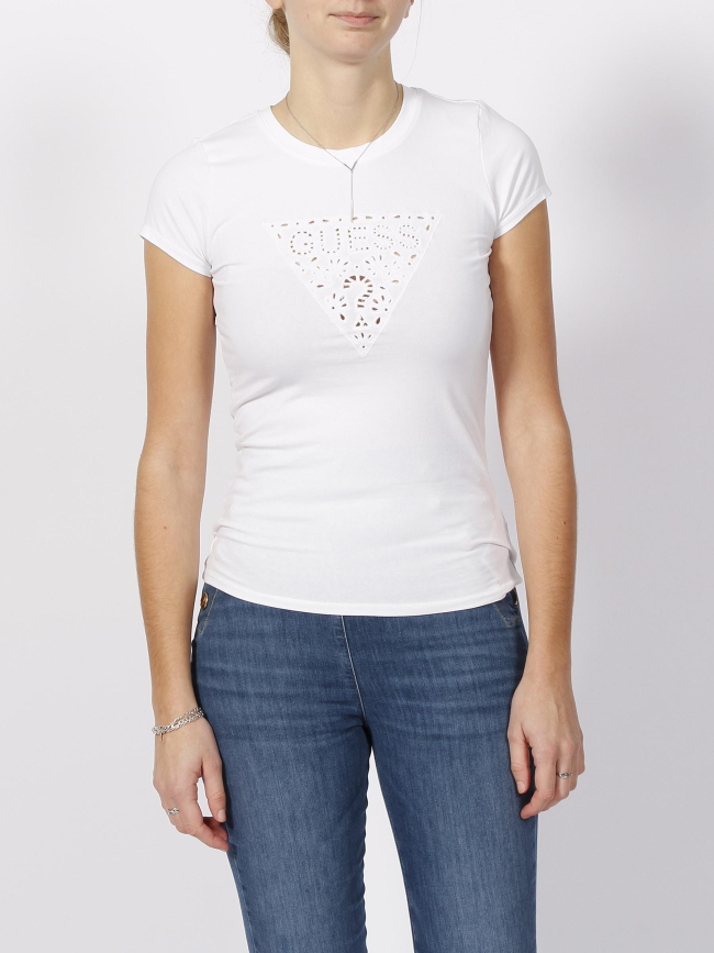 T-shirt eyelet floral logo blanc femme - Guess