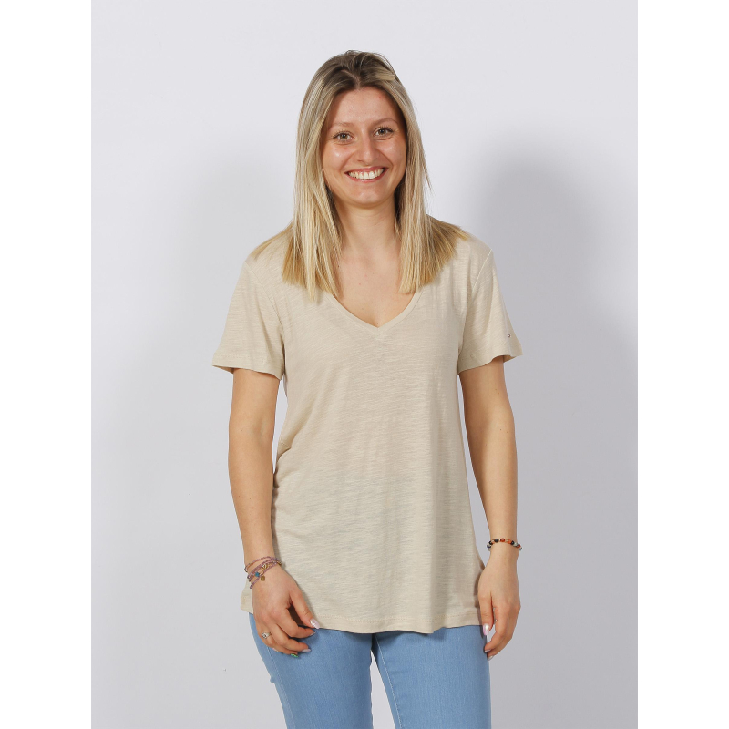 T-shirt regular col v lin beige femme - Tommy Hilfiger