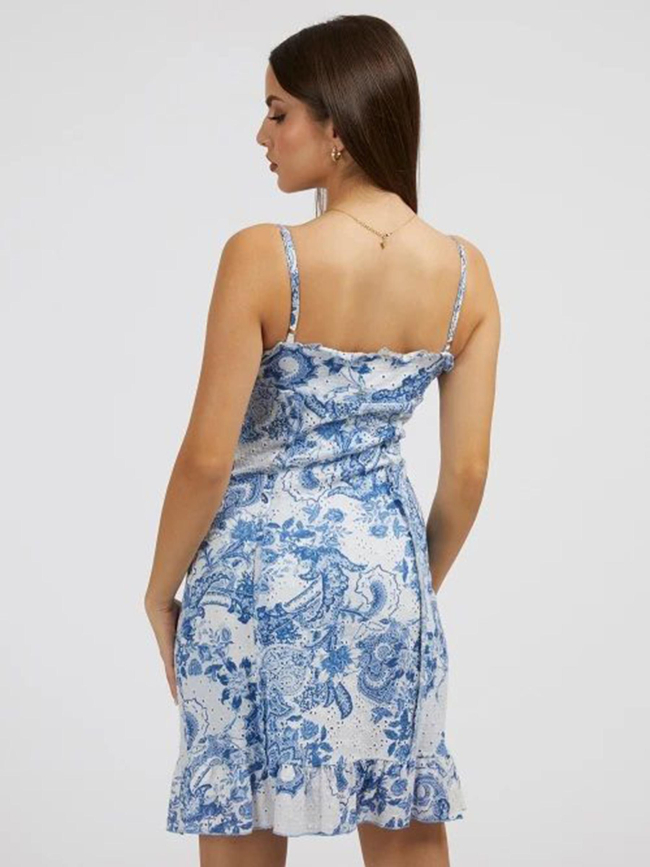 Robe courte à fleurs ajourée straps bleu femme - Guess