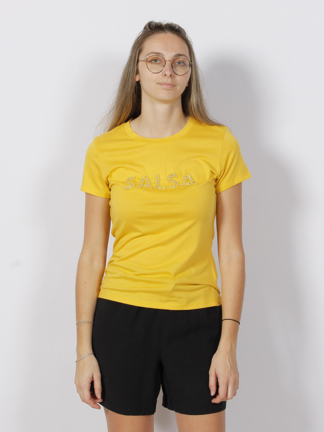 T-shirt sequin strass logo jaune femme - Salsa