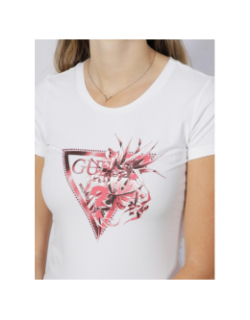 T-shirt logo triangle fleurs rose blanc femme - Guess