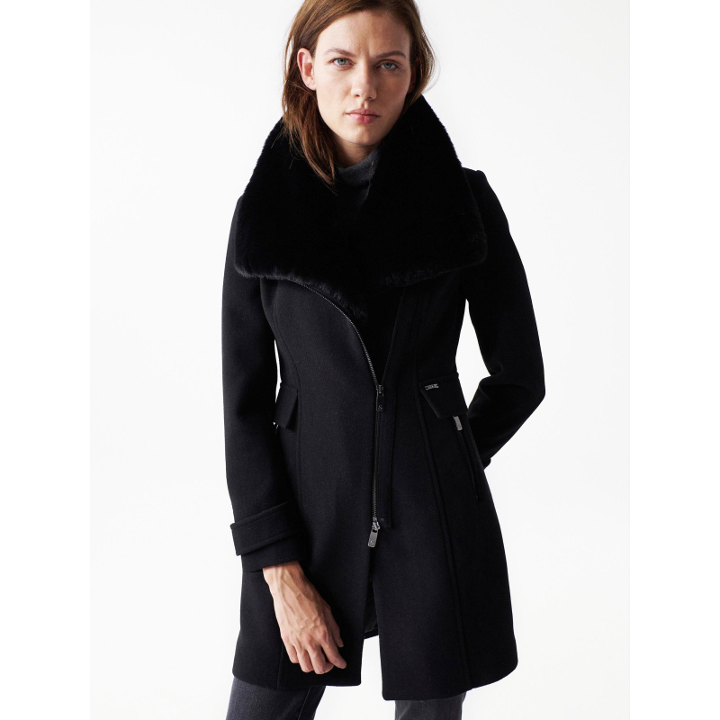 Manteau en laine col fourrure noir femme - Salsa