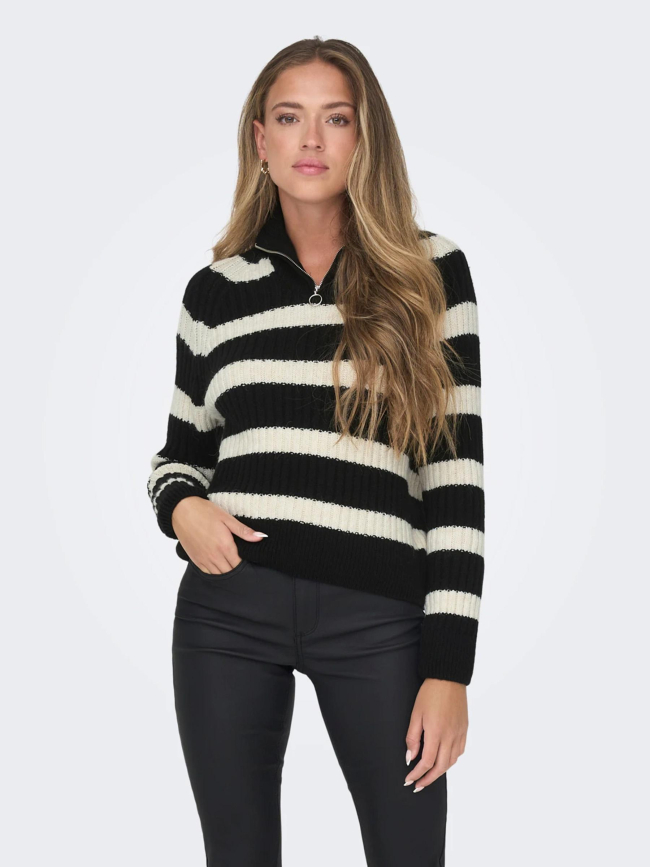 Pull knit 1/4 zip leise freya rayures blanc/noir femme - Only