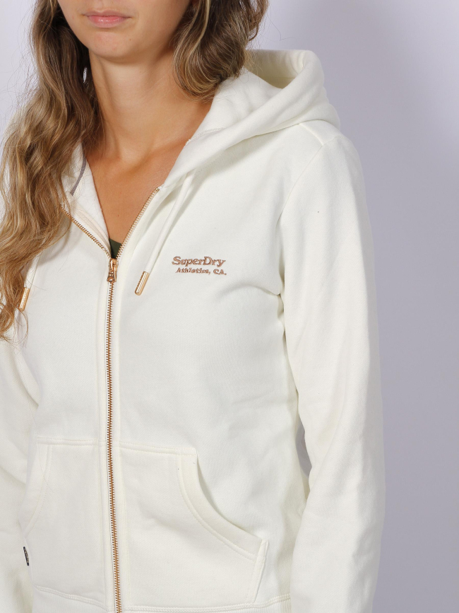 Sweat à capuche zippé essential logo crème femme - Superdry