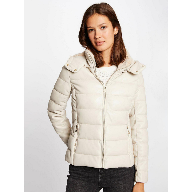 Doudoune Femme Faux Cuir Ivoire - Capuche Amovible, Deux Poches Zippées - Courte Et Ceinturée - 11