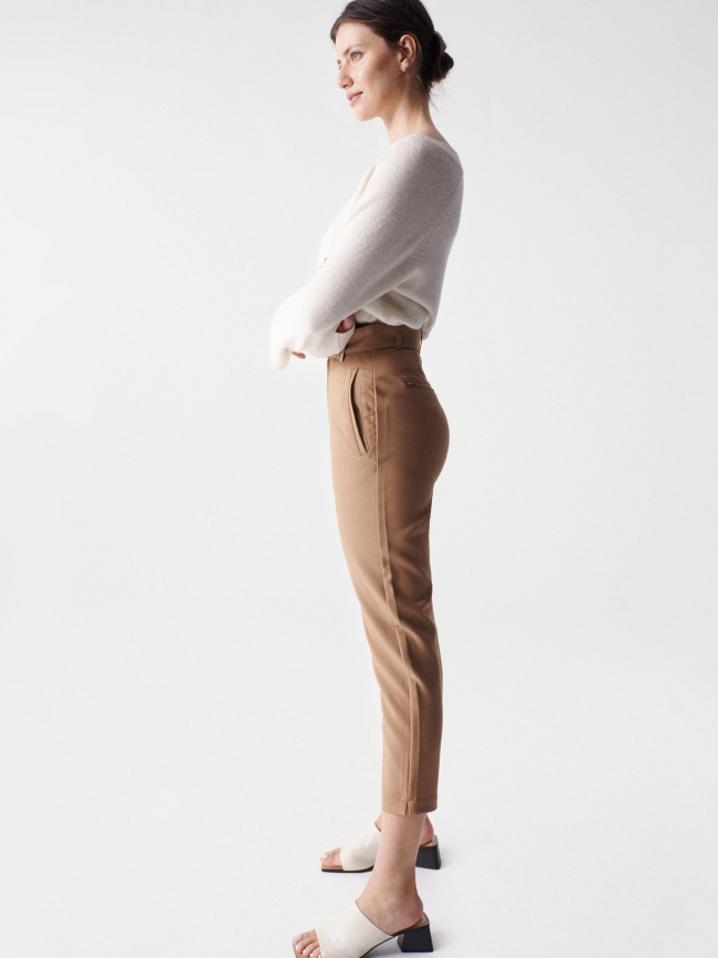 Pantalon chino cropped slim taille haute marron femme - Salsa