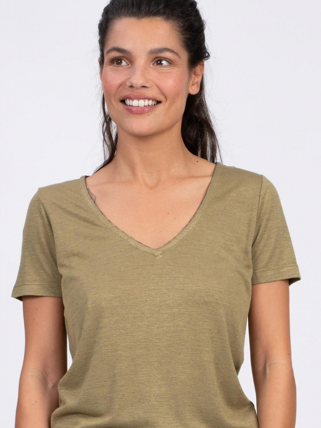 T-shirt col v strass uni pertel kaki femme - Sun Valley
