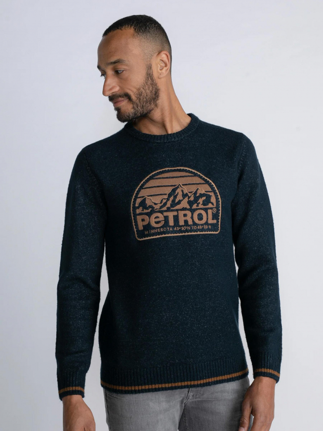 Pull col rond logo brodé marron bleu homme - Petrol Industries