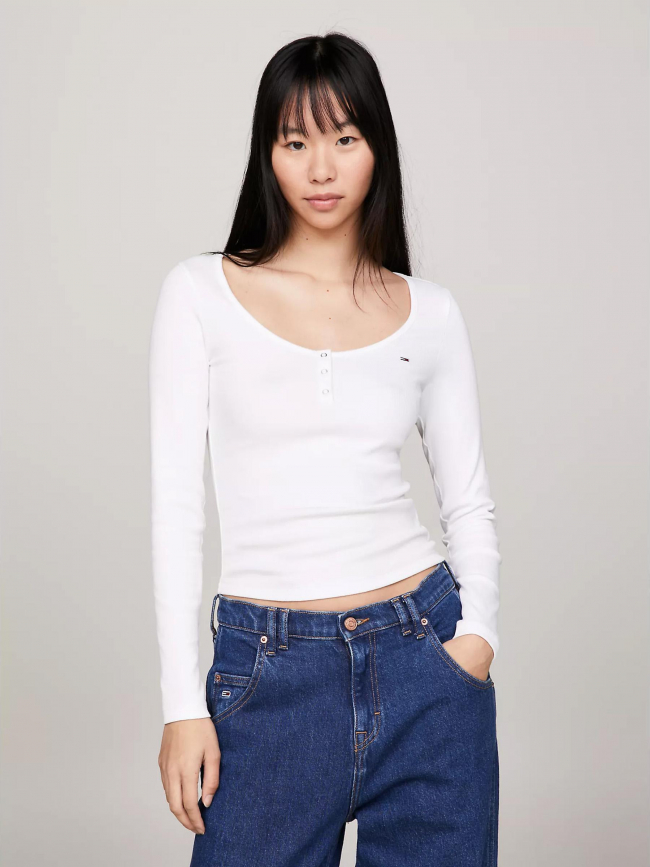 T-shirt manches longues côtelé bouton blanc femme - Tommy Jeans