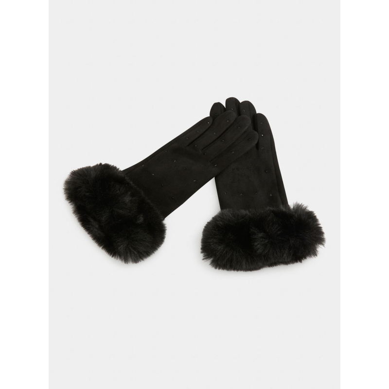Gants fausse fourrure strass noir femme - Morgan