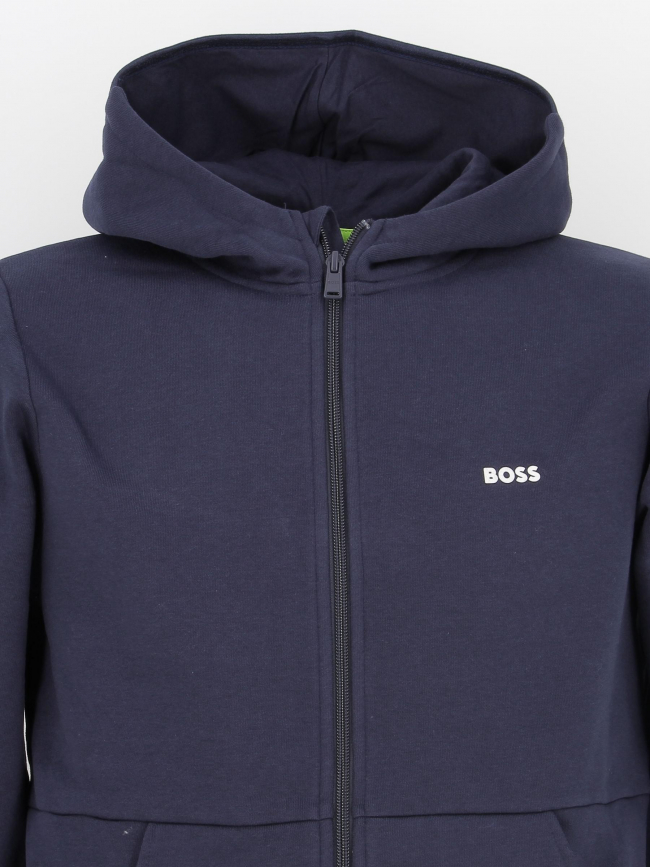 Sweat zippé à capuche uni logo bleu marine garçon - Boss
