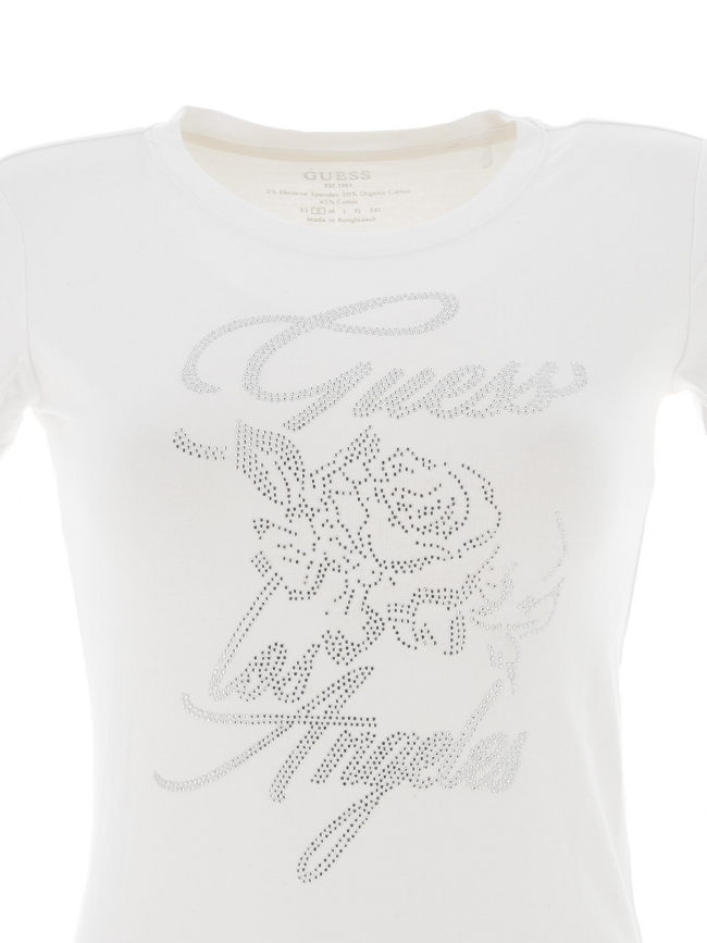 T-shirt à strass fleurs blanc femme - Guess