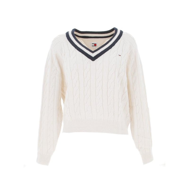 Pull col v cable torsade blanc femme - Tommy Jeans