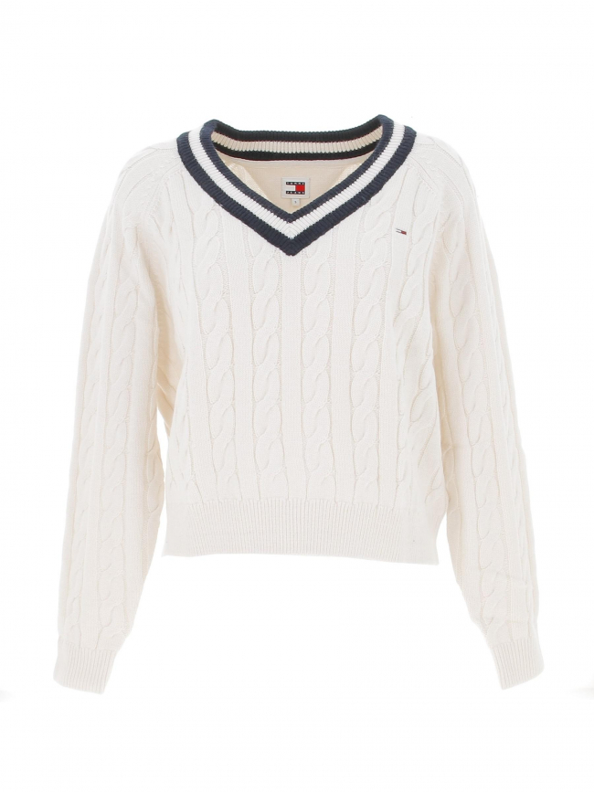 Pull col v cable torsade blanc femme - Tommy Jeans