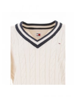 Pull col v cable torsade blanc femme - Tommy Jeans