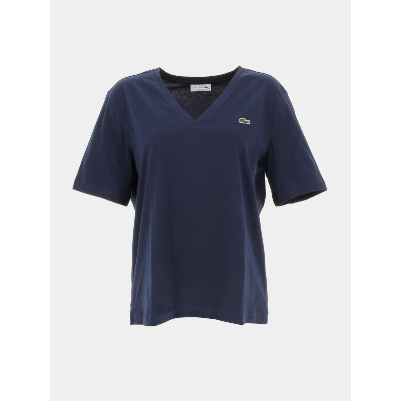 T-shirt col v uni logo bleu marine femme - Lacoste