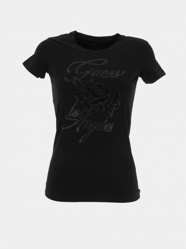 T-shirt strass logo rose noir femme - Guess