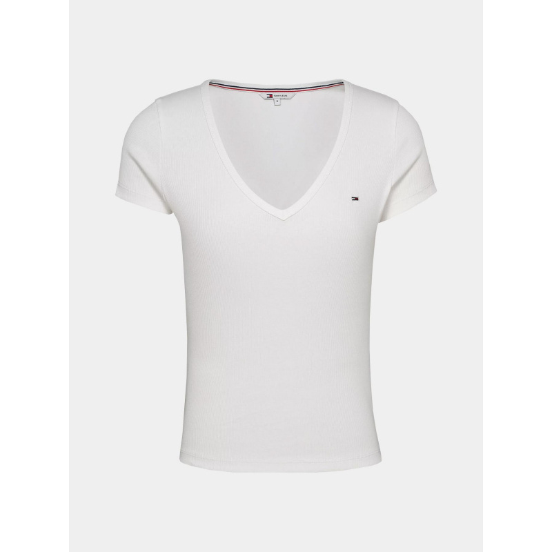 T-shirt slim col v côtelé blanc femme - Tommy Jeans