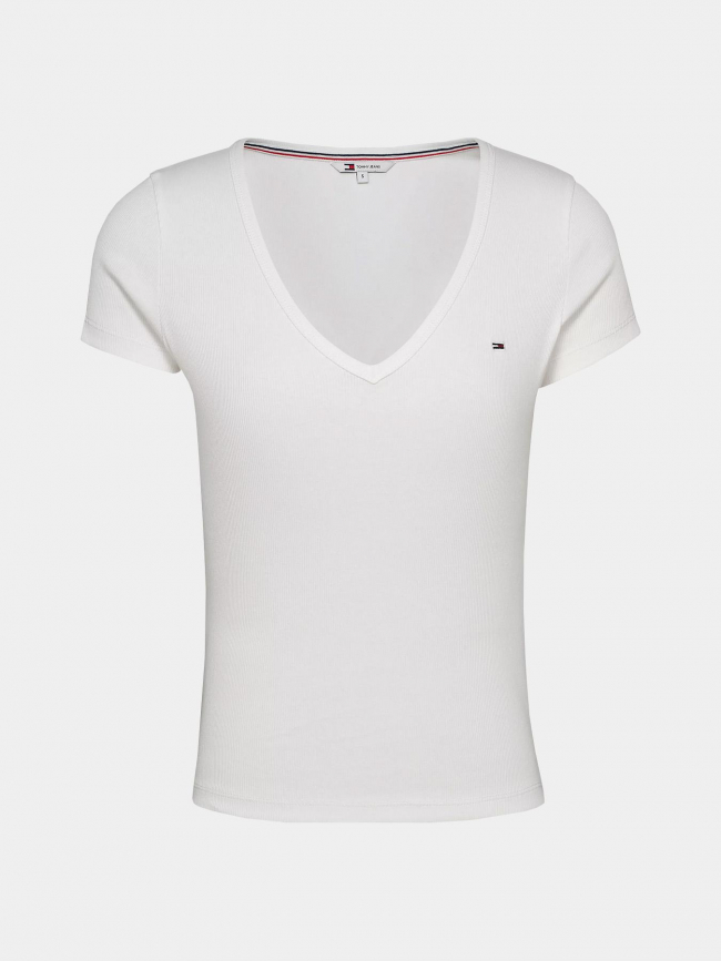 T-shirt slim col v côtelé blanc femme - Tommy Jeans