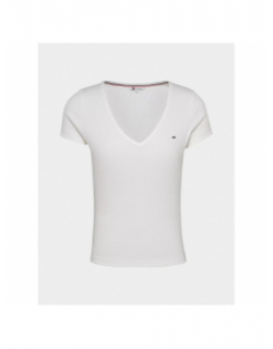T-shirt slim col v côtelé blanc femme - Tommy Jeans