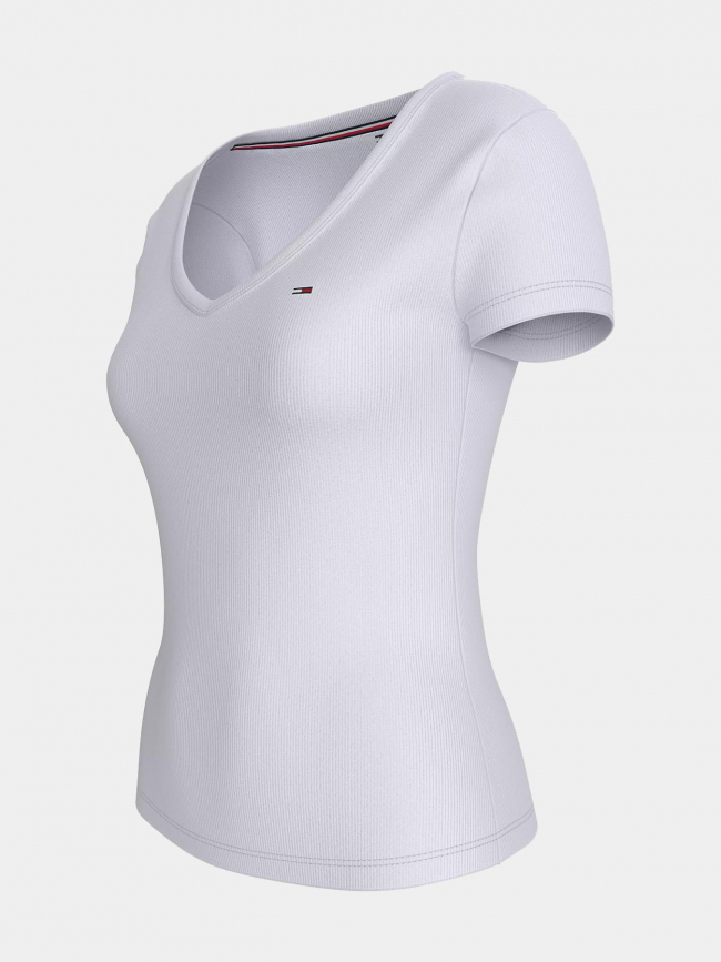 T-shirt slim col v côtelé blanc femme - Tommy Jeans