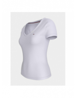 T-shirt slim col v côtelé blanc femme - Tommy Jeans