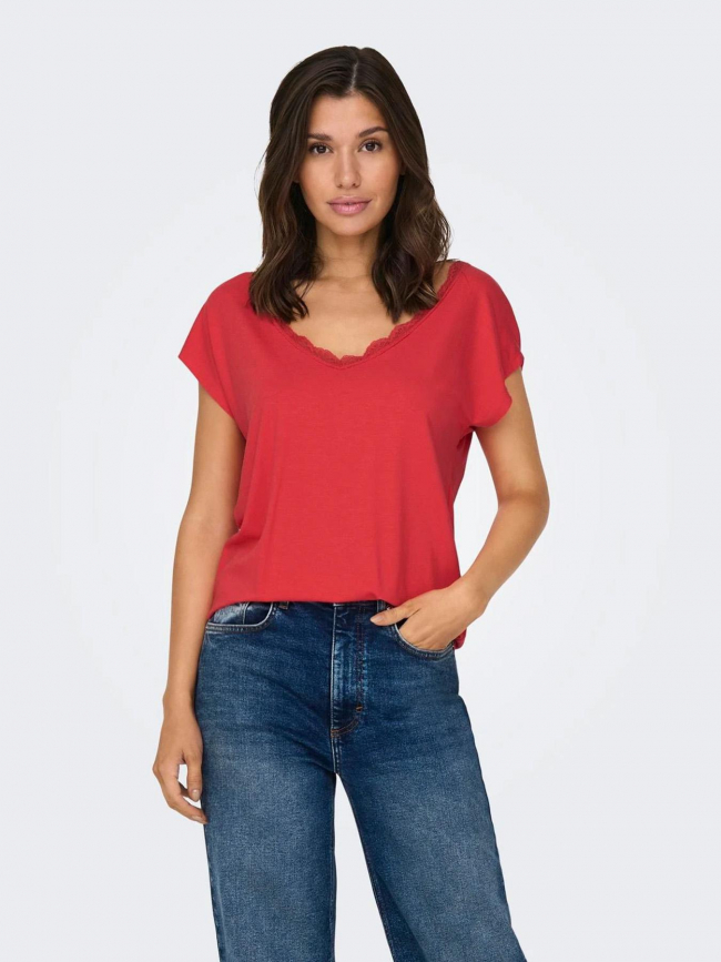 T-shirt col v dentelle moster rose femme - Only