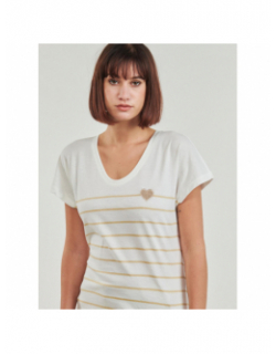 T-shirt rayé col v emily coeur blanc beige femme - Only