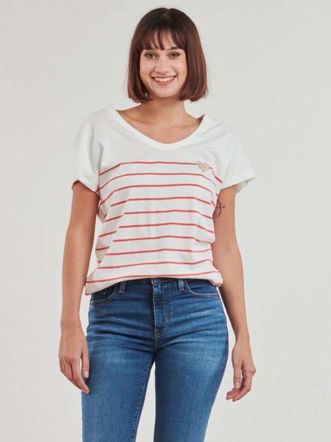 T-shirt rayé col v emily coeur blanc rouge femme - Only