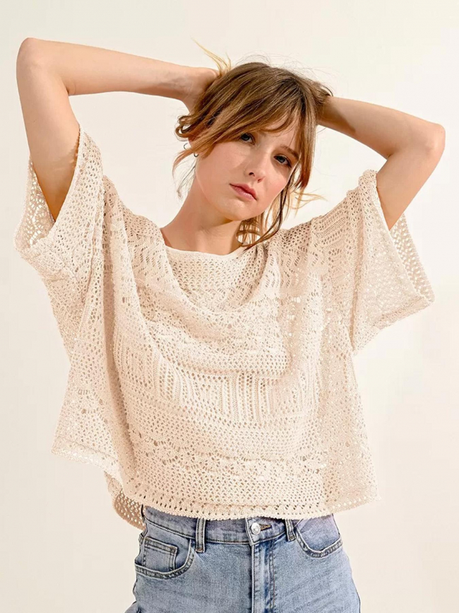 Pull à crochet manche courte beige femme - Molly Bracken