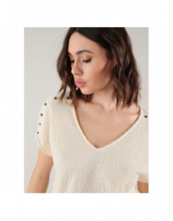T-shirt col v côtelé kamili blanc femme - Deeluxe