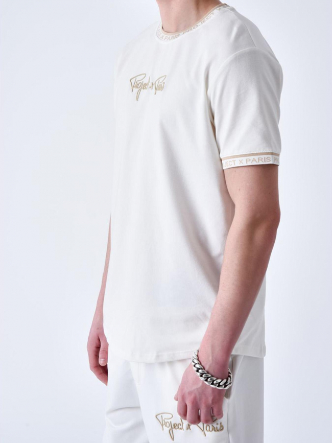 T-shirt col logo brodé blanc beige homme - Project X Paris