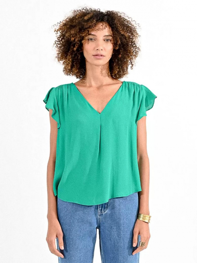 T-shirt col v woven vert femme - Molly Bracken