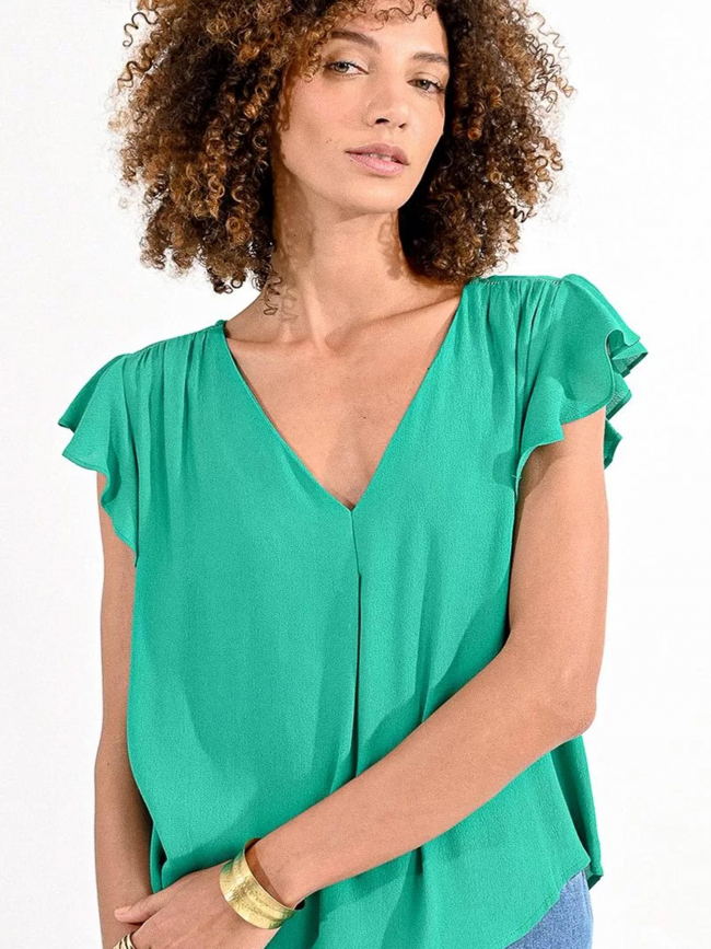 T-shirt col v woven vert femme - Molly Bracken