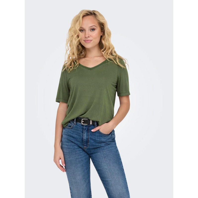 T-shirt uni col v elise kaki femme - Only