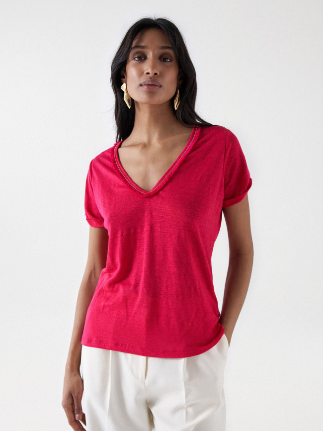 T-shirt col v en lin détails franges rose femme - Salsa