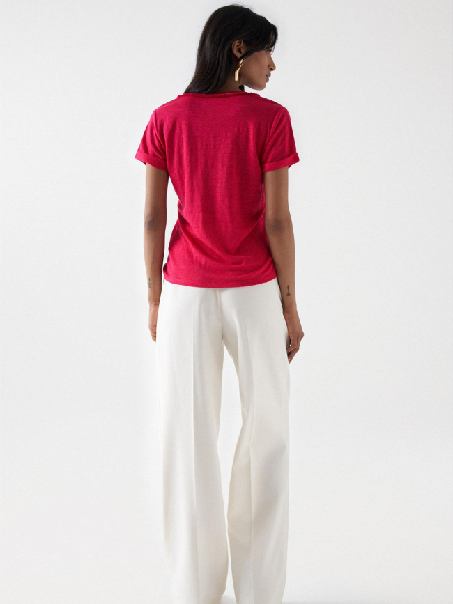 T-shirt col v en lin détails franges rose femme - Salsa