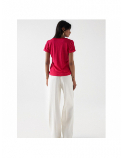 T-shirt col v en lin détails franges rose femme - Salsa