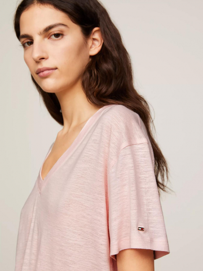 T-shirt col v en lin relax rose femme - Tommy Hilfiger