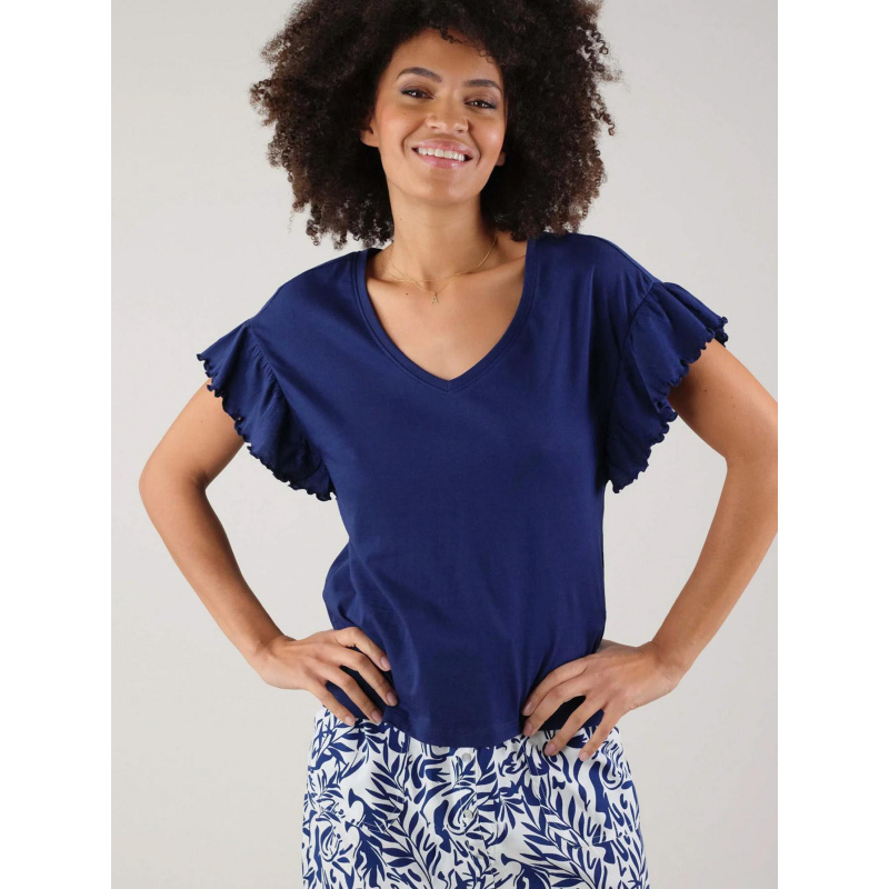 T-shirt col v oria détail manche bleu femme - Deeluxe