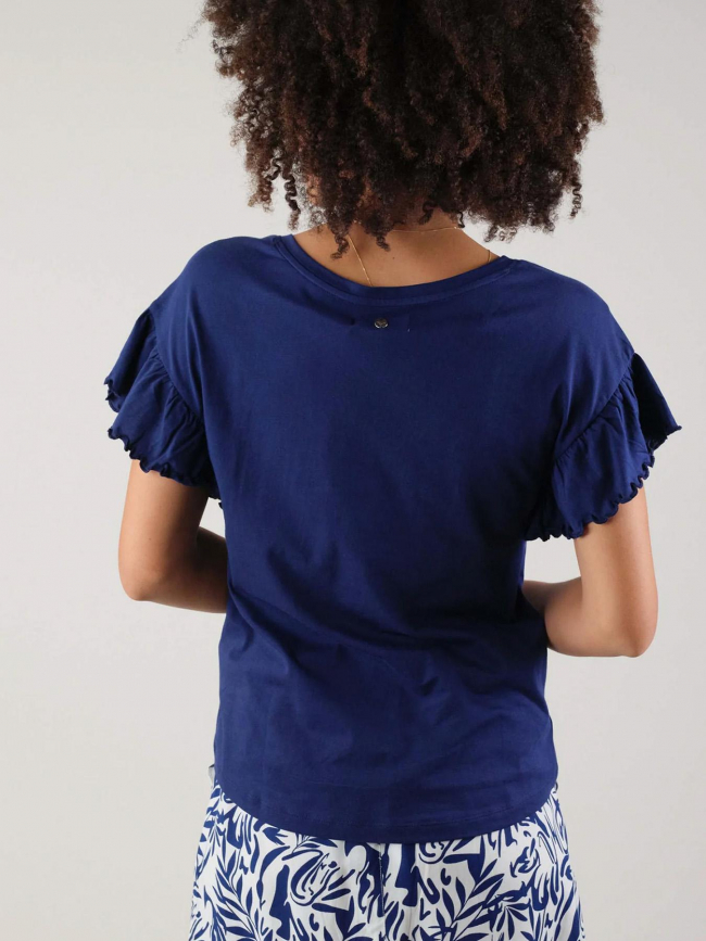T-shirt col v oria détail manche bleu femme - Deeluxe