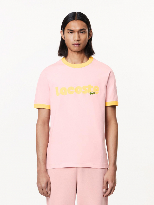 T-shirt imprimé logo jaune rose homme - Lacoste