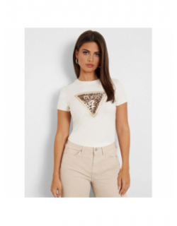 T-shirt logo léopard blanc crème femme - Guess