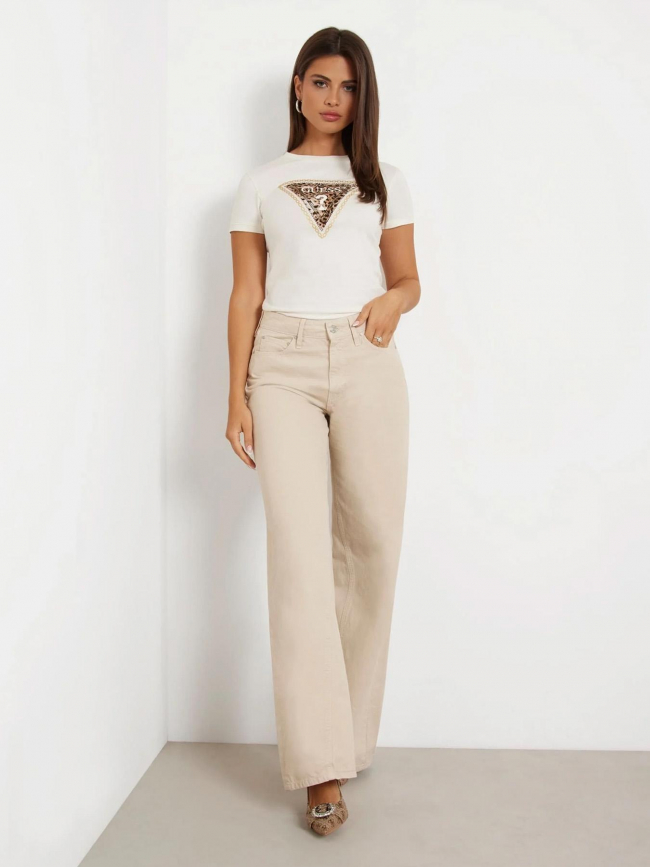 T-shirt logo léopard blanc crème femme - Guess