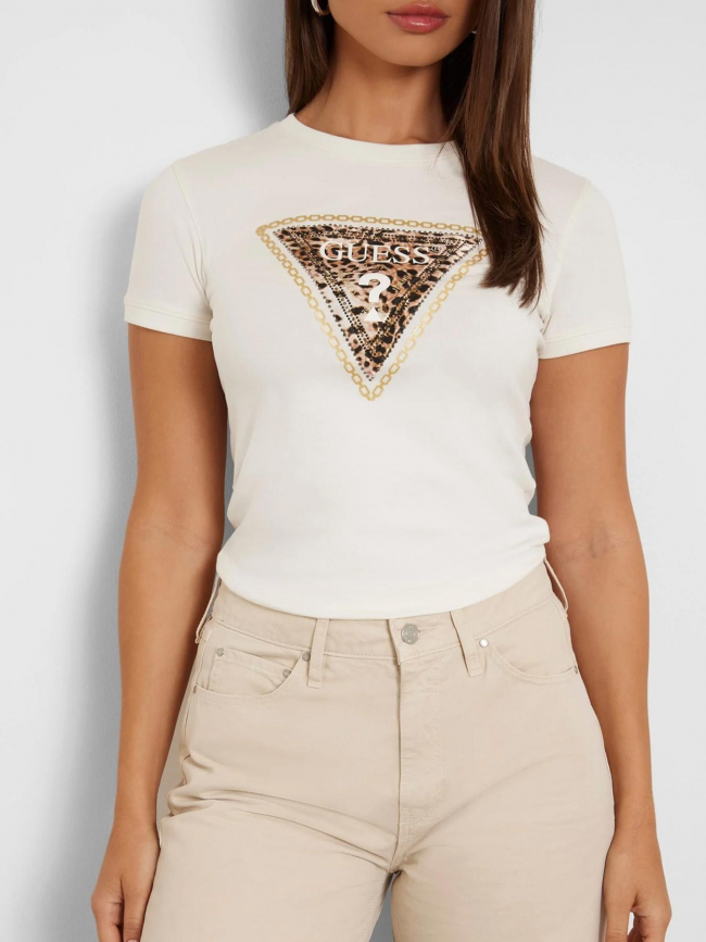 T-shirt logo léopard blanc crème femme - Guess