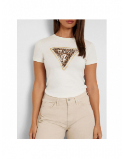 T-shirt logo léopard blanc crème femme - Guess