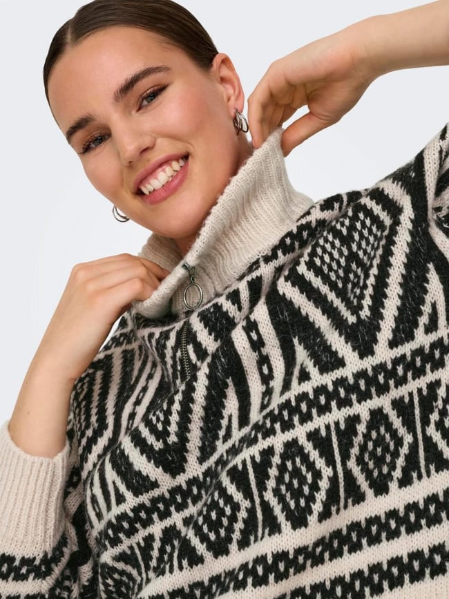 Pull col zippé felicia beige noir femme - Only