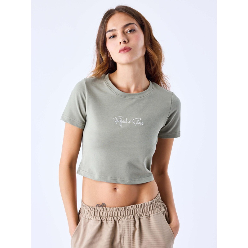 T-shirt crop logo brodé kaki femme - Project X Paris