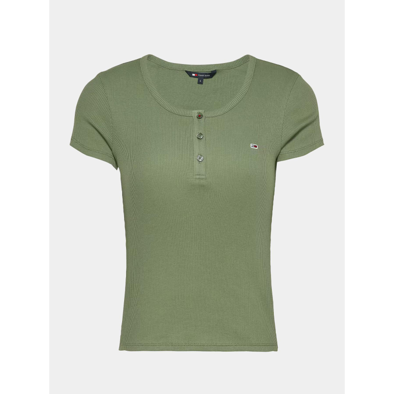 T-shirt slim côtelé boutonné kaki femme - Tommy Jeans